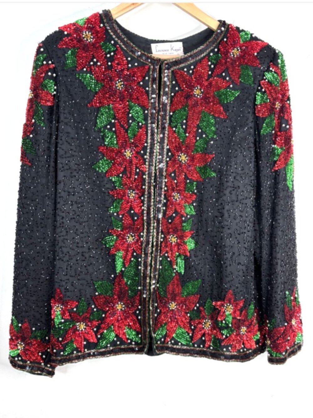 Vintage Laurence Kazar Silk Beaded Christmas Jacket XL Black Poinsettia Sequin